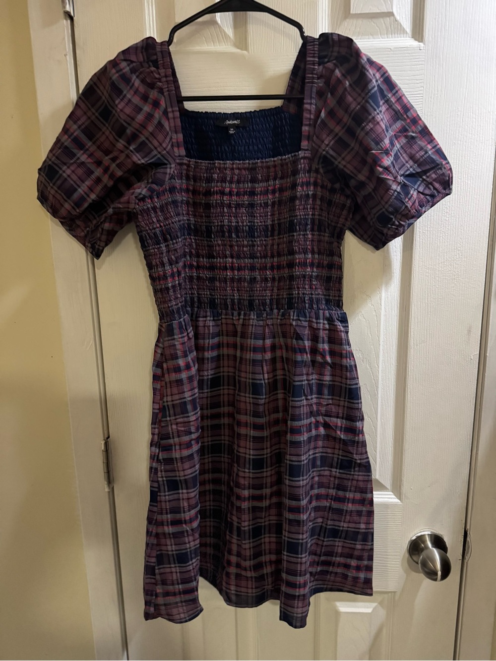 Madewell Women’s Sz XS Plaid Smocked Puff Sleeve Midi Dress
